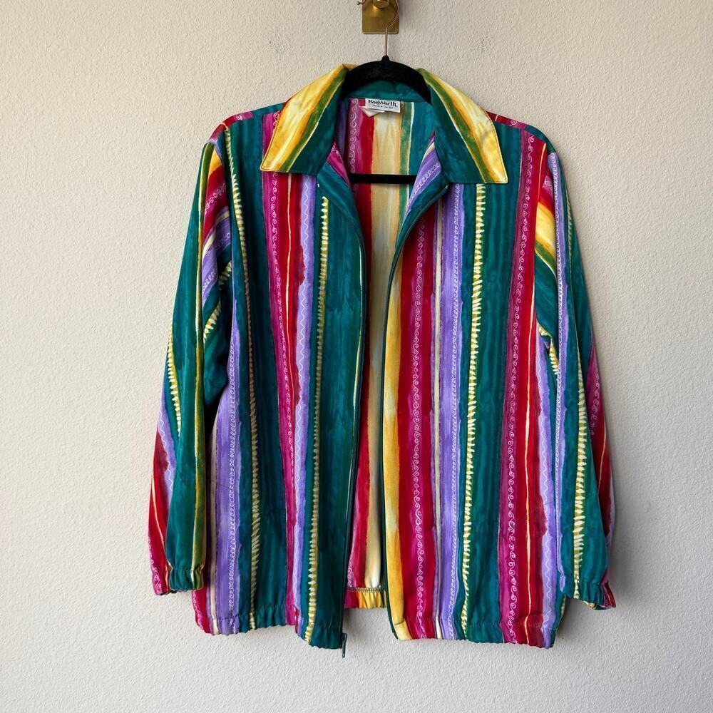 Vintage BonWorth Colorful Stripe Zip Front Bomber Jacket - Picture 2 of 6